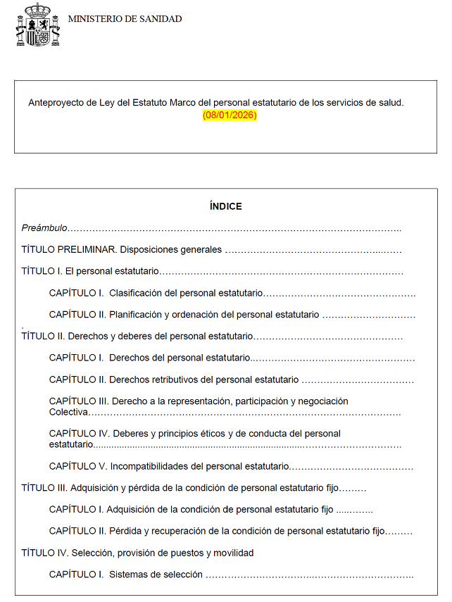 Portada del Documento Propuesta de Anteproyecto de Ley del Estatuto Marco del personal estatutario de los servicios de salud