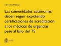 06/11/2024 - Las comunidades autónomas deben seguir expidiendo certificaciones de acreditación a los médicos de urgencias pese al fallo del TS