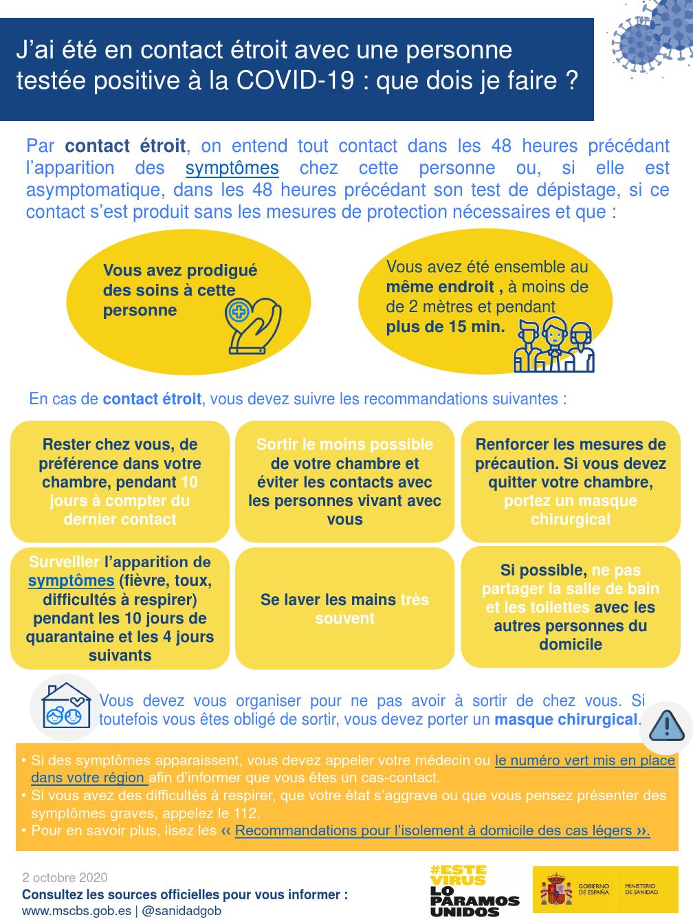 J&rsquo;ai &eacute;t&eacute; en contact &eacute;troit avec une personne test&eacute;e positive &agrave; la COVID 19: que dois je faire ?