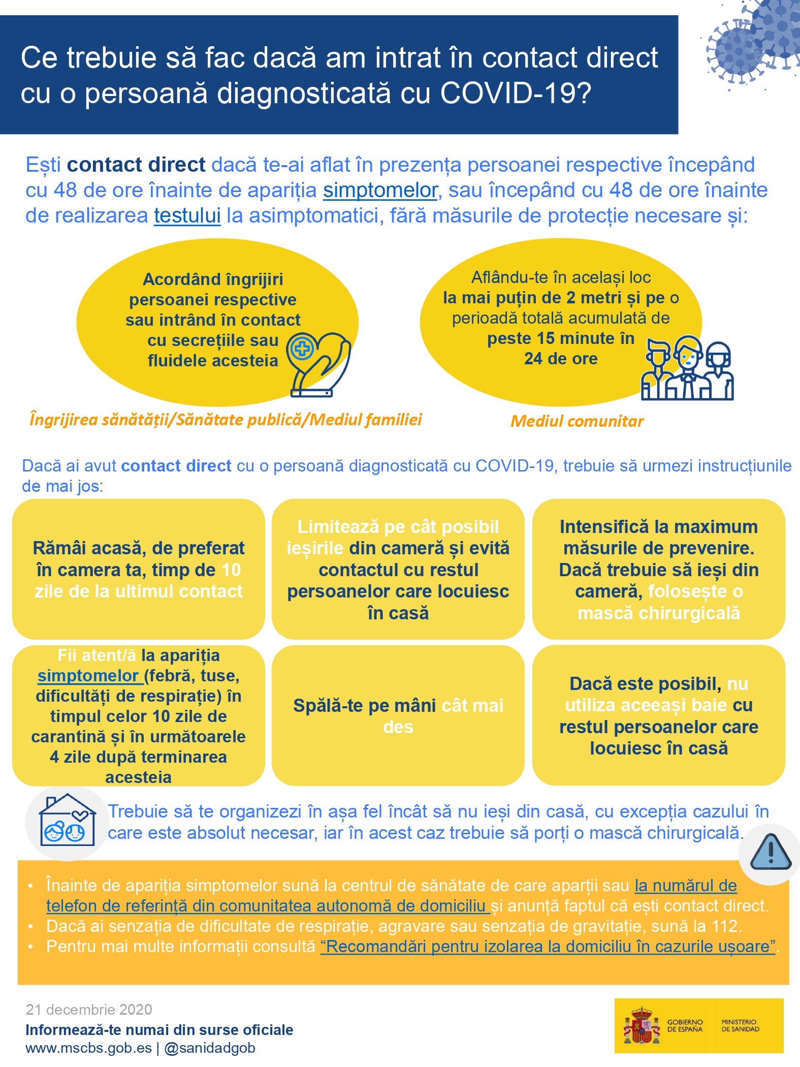 Ce trebuie s ă fac dacă am intrat &icirc;n contact direct cu o persoană diagnostica tă cu COVID 19?
